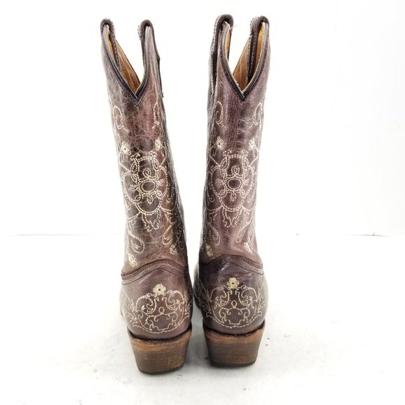 Teens Corral Brown Leather Embroidered Snip Toe Western Cowgirl Boots Size 4.5 T - Picture 3 of 10